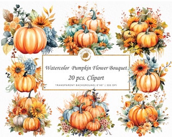 Watercolor Pumpkin Bouquet Clipart: Fall Autumn Graphics (20 PNG)