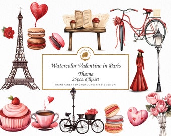 Watercolor Paris Valentine Clipart: 25 PNG Graphics (Digital Download)