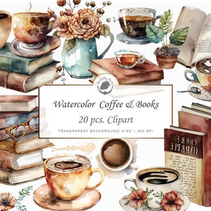 Watercolor Coffee and books Clipart Coffee cup cute rustic floral desk scenes watercolor clipart png clipart bundle watercolor graphics  svg