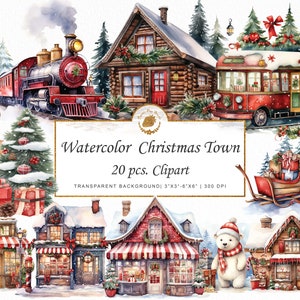 Watercolor Christmas Town Clipart North Pole Clipart Christmas card watercolor clipart png Polar clipart bundle watercolor graphics svg