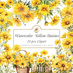 Watercolor Daisy Clipart Instant Download yellow Daisy flower Clipart Bundle Floral Sticker PNG Magical Daisy Bouquet Clipart graphics svg