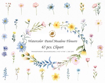 Pastel Watercolor Wildflower Clipart: Rustic Meadow Bouquet (PNG)