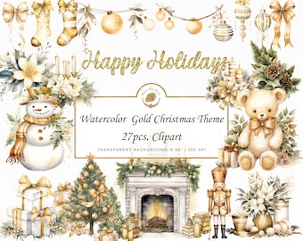 Watercolor Gold Christmas Clipart Bundle (PNG, SVG)