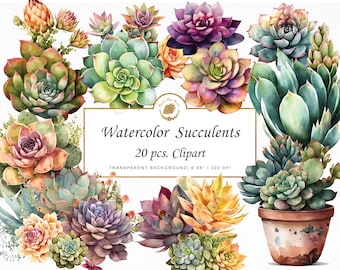 May include: A set of 20 watercolor succulent clipart images with a transparent background. The succulents are in various shades of green, pink, purple, and yellow.