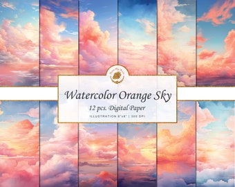 Watercolor Orange Sky Digital Paper: Anime Cloudscape (Digital Download)