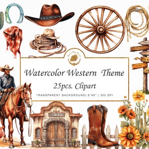 Watercolor Western Clipart Field Cowboy PNG SVG Boho Clipart Cowgirl Floral Ranch Texas Wild West Invitation Card Canva Goodnotes Saloon