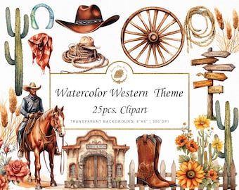 Watercolor Western Clipart: Cowboy, Cowgirl, Floral (PNG SVG)