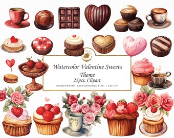 Watercolor Sweets Valentine Clipart: Coffee, Chocolate, Flowers (PNG Digital Download)