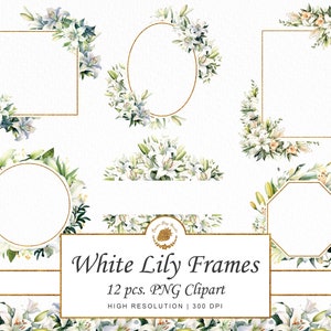 Pacote de molduras de lírios aquarela florais lírios brancos clipart PNG SVG moldura cartão de convite borda para impressão casamento quinceanera cartão digital