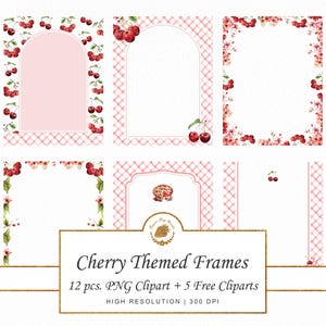Könnte beinhalten: Eine Sammlung von Rahmen und Cliparts zum Thema Kirschen. Die Rahmen zeigen ein rosa-weißes Vichy-Muster mit Aquarellkirschen und floralen Akzenten. Der Text lautet "Cherry Themed Frames" und "12 pcs. PNG Clipart + 5 Free Cliparts".