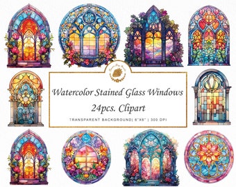 Aquarell Buntglas Fenster Clipart: Kirche & Kapelle (PNG SVG)
