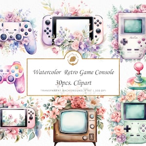 Acuarela Retro Game Clipart videojuego arte paquete gráficos florales acuarela descargar retro-themed clipart consola de juegos arte digital svg