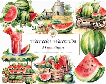 May include: Watercolor clipart set of 25 watermelon illustrations. The set includes whole watermelons, slices, and a glass of watermelon juice. The illustrations are painted in a realistic style with a watercolor effect.