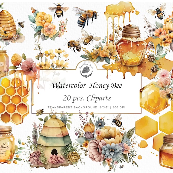 Watercolor Bee Clipart honey Bee art bundle spring garden graphics watercolor painting download bee-themed clipart nature digital art graphi