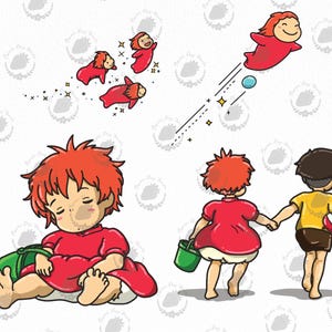 May include: A digital illustration featuring a character with bright red hair and a red dress in various poses: sleeping while holding a green bucket, walking hand-in-hand with a child in a yellow shirt, and flying through the air with sparkles.