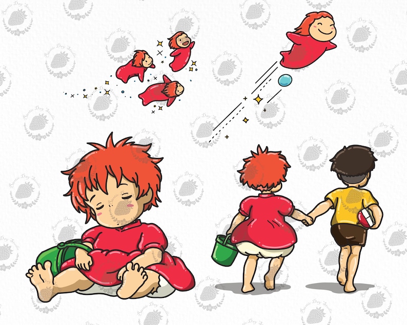 May include: A digital illustration featuring a character with bright red hair and a red dress in various poses: sleeping while holding a green bucket, walking hand-in-hand with a child in a yellow shirt, and flying through the air with sparkles.