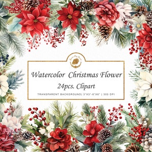 Ramo de flores de Navidad en acuarela Clipart floral clipart de invierno clipart de flor de pascua png paquete de gráficos de tarjetas navideñas svg