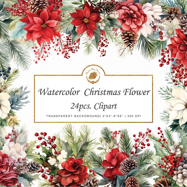 Watercolor Christmas Flower Bouquet Clipart Floral Clipart winter clipart poinsettia  clipart png Christmas card clipart bundle graphics svg