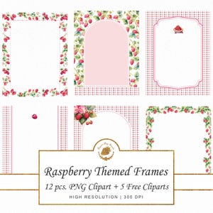 Puede incluir: Una colección de marcos con temática de frambuesas en varias formas, incluyendo diseños rectangulares y arqueados. Cada marco está adornado con ilustraciones de acuarela de frambuesas y hojas verdes. El texto "Raspberry Themed Frames" se muestra debajo.