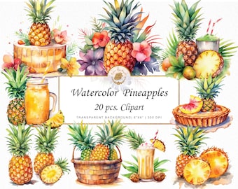 May include: Watercolor illustration featuring various pineapples, some whole and some sliced, alongside tropical flowers, a cake, a tart, and a smoothie. The text reads "Watercolor Pineapples 20 pcs. Clipart".