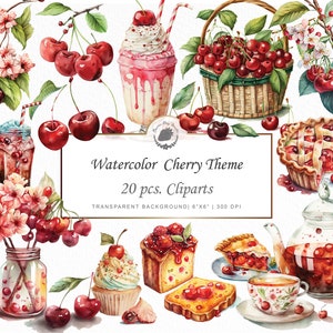 Aquarela Cereja Aquarela Cereja Clipart Pacote Vibrante Cerejas Ilustrações Aquarela Fruta Arte Gráficos de torta de cereja SVG milkshake
