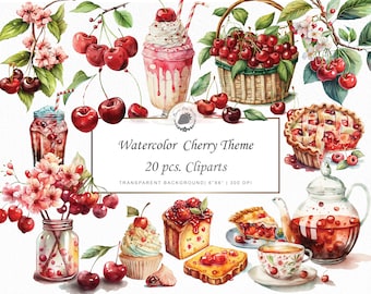 Watercolor Cherry Clipart Bundle: Vibrant Fruit Illustrations (PNG)