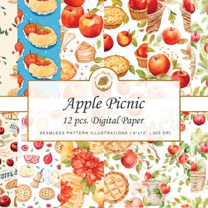 Whimsical Apple Picnic Theme Seamless Pattern Download instantâneo Conjunto de papel digital sem costura Fundos inspirados em pomar Papel para impressão em casa