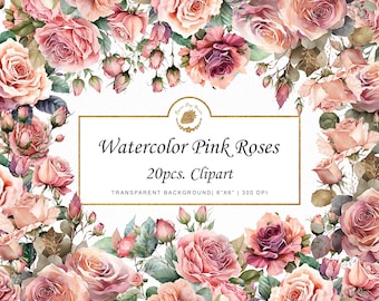 Watercolor Pink Roses Clipart: Shabby Chic Floral Art (Digital Download)