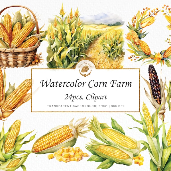 Watercolor Corn Clipart Cornfield graphics farm watercolor painting corn cob clipart butter clipart digital art farmer basket wreath SVG