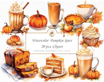 Watercolor Pumpkin Spice Clipart: 20 Fall Cafe Illustrations (PNG)