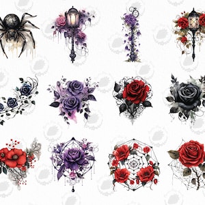 Puede incluir: Una colecci&oacute;n de ilustraciones en acuarela con dise&ntilde;os g&oacute;ticos y florales. Las im&aacute;genes incluyen una ara&ntilde;a negra, farolas ornamentadas con rosas y varios arreglos de rosas en tonos rojos, morados y negros, con telara&ntilde;as.