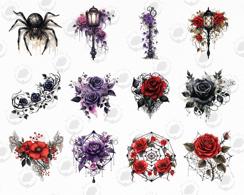 Puede incluir: Una colecci&oacute;n de ilustraciones en acuarela con dise&ntilde;os g&oacute;ticos y florales. Las im&aacute;genes incluyen una ara&ntilde;a negra, farolas ornamentadas con rosas y varios arreglos de rosas en tonos rojos, morados y negros, con telara&ntilde;as.