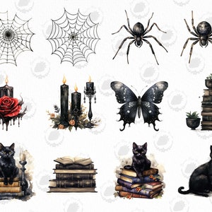 Puede incluir: Ilustraciones en acuarela de elementos tem&aacute;ticos de Halloween. Incluye telara&ntilde;as, ara&ntilde;as, velas negras con rosas, una mariposa negra, pilas de libros, plantas en macetas y gatos negros. La obra de arte tiene una est&eacute;tica g&oacute;tica.