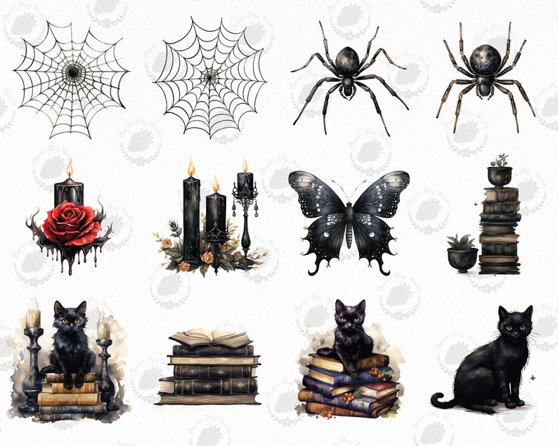 Puede incluir: Ilustraciones en acuarela de elementos tem&aacute;ticos de Halloween. Incluye telara&ntilde;as, ara&ntilde;as, velas negras con rosas, una mariposa negra, pilas de libros, plantas en macetas y gatos negros. La obra de arte tiene una est&eacute;tica g&oacute;tica.