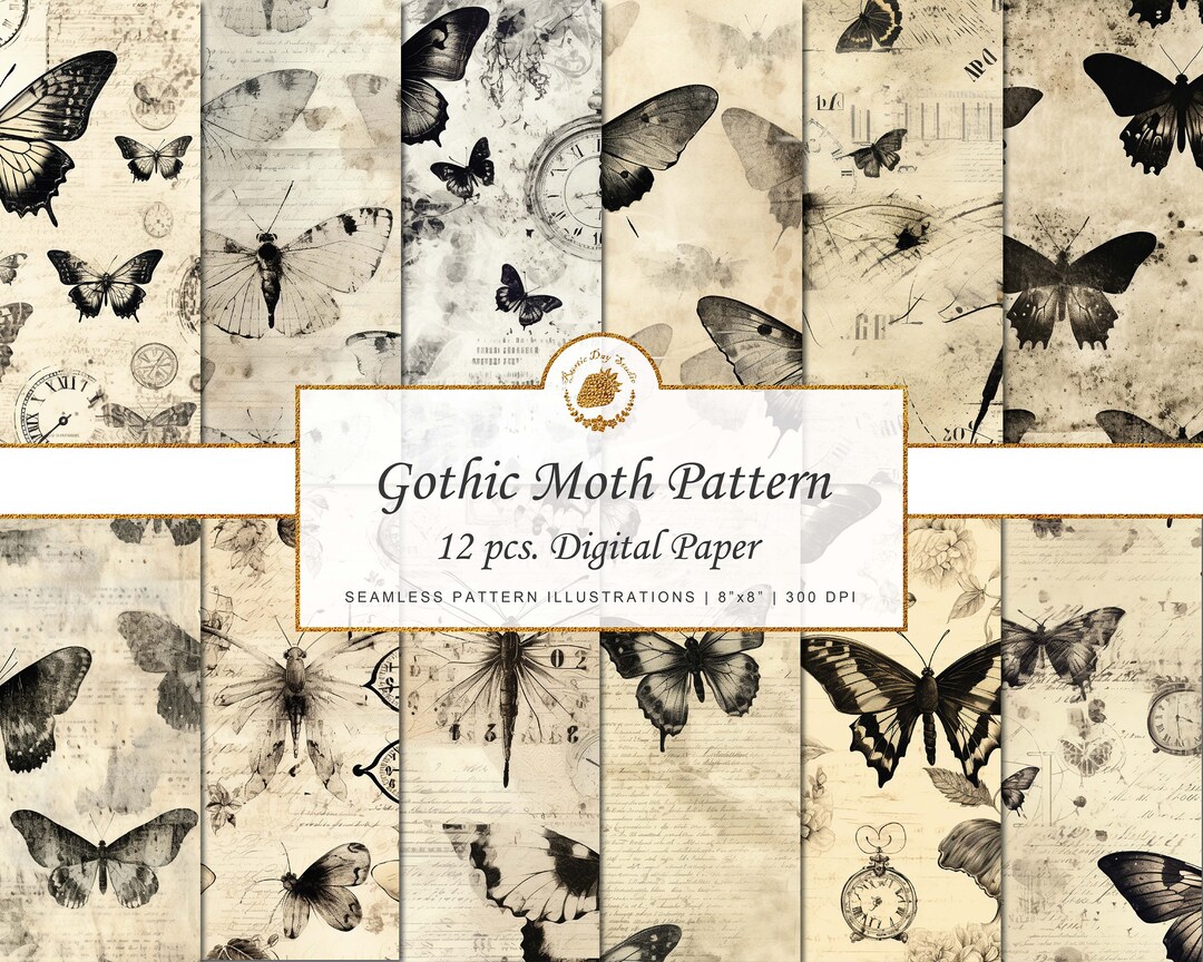 Gothic Moth Digital Paper: Vintage Grunge Seamless Patterns (digital ...