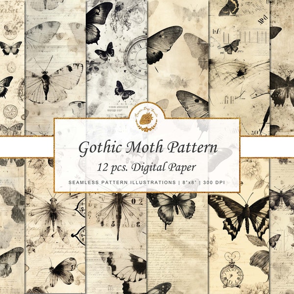 Gothic Digital Paper Moth Vintage Grunge Set Eerie Gothic Moth Vintage Grunge Seamless Pattern Vintage Butterfly Paper Background Wallpaper