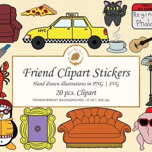 Könnte beinhalten: Eine Sammlung digitaler Clipart-Aufkleber mit handgezeichneten Illustrationen, darunter ein gelbes Taxi, ein orangefarbenes Sofa, ein violetter Bilderrahmen, ein Hummer, ein Pinguin, eine Gitarre, eine Kaffeetasse, ein Pizzastück und ein Truthahn.