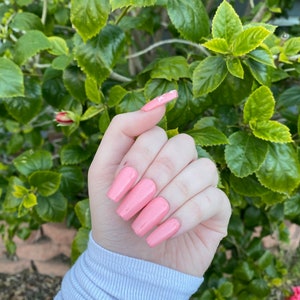 Op de afbeelding: Close-up van een hand met lange, roze, amandelvormige nagels. De nagels zijn geverfd in een lichtroze kleur en hebben een glanzende afwerking.