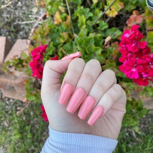 Op de afbeelding: Een hand met lange, lichtroze, amandelvormige nagels. De nagels zijn gelakt in een lichtroze kleur.