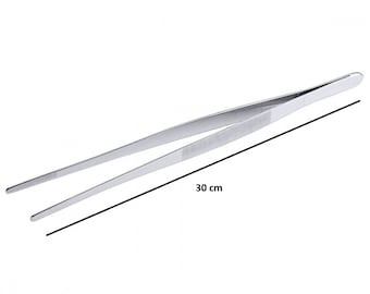 May include: A pair of stainless steel tweezers, approximately 11.8 inches long. The tweezers have a slender, elongated design with ridged grips for enhanced control. The tips are pointed for precision.