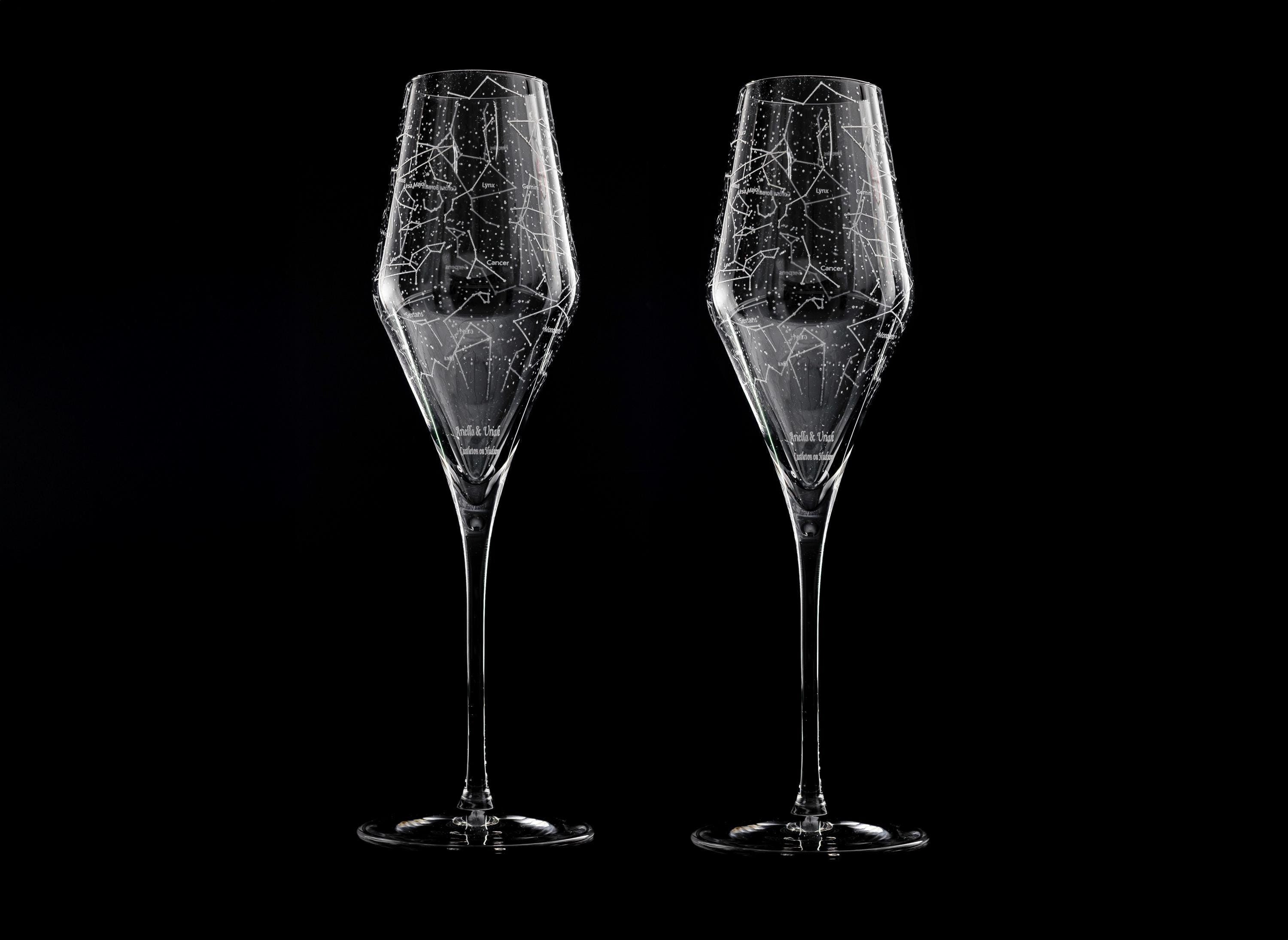 Custom Engraved Champagne Glass, Constellation Etched Glass, Personalized Sky Stem Glass Set, Wedding Glasses, Stars Flutes, Unique Gift