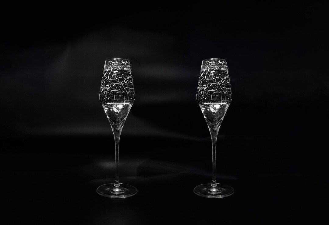 Custom Engraved Champagne Glass, Constellation Etched Glass, Personalized Sky Stem Glass Set