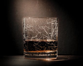 Engraved Constellation Whiskey Glass, Custom Stars Etched Old Fashion Glass, Sky Scotch Men Gift, Groomsman Unique Personalized Present