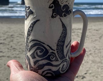 Handmade Ceramic Coffee Mug, Coastal Cottage Stoneware, octopus coffee cup