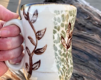 Handmade ceramic mug, stoneware coffee cup, large hand painted bee design