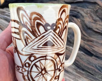 Handmade Ceramic Coffee Mug, Hand-Painted Stoneware, Coastal geometric design