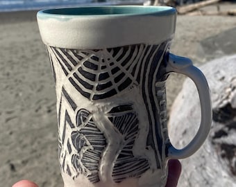 Handmade Ceramic Coffee Mug, Coastal Cottage Stoneware, tall coffee cup
