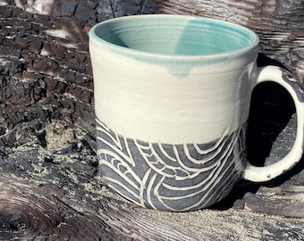 Handmade Ceramic Coffee Mug, Coastal Cottage Stoneware, ocean swell coffee cup