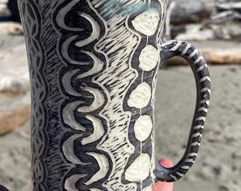 Handmade Ceramic Coffee Mug, Coastal Cottage Stoneware, tall geometric coffee cup