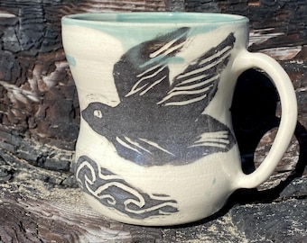 Handmade Ceramic Coffee Mug, Coastal Cottage Stoneware, bird coffee cup